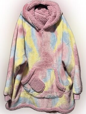 Cozy Oversized Tie-Dye Sherpa Hoodie - Pink, Yellow, Blue